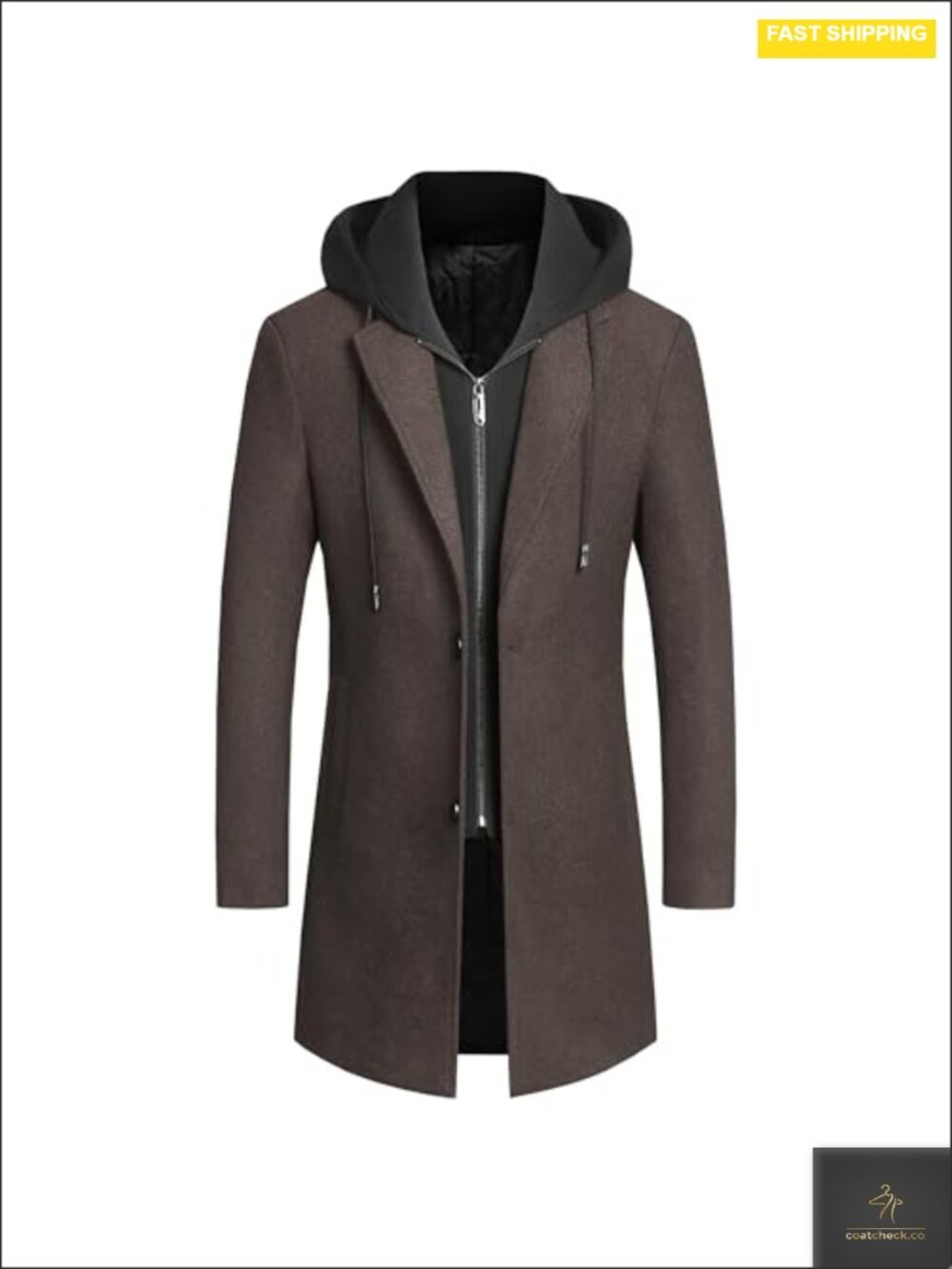 Men's Wool Trench Coat Hooded Pea Coat Long Overcoat Winter